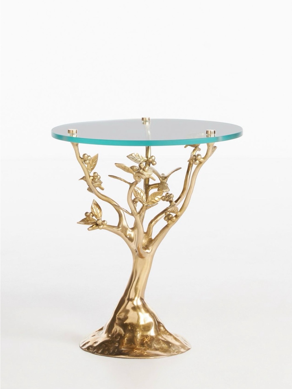 Anthropologie Brass Bird and Tree-Branch Accent Side Table with Glass Top